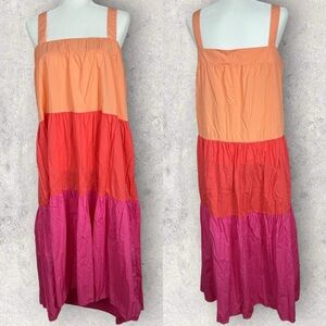Joe Fresh Tiered‎ Colorblock Maxi Dress Size XL Pink Orange Square Neck Cotton